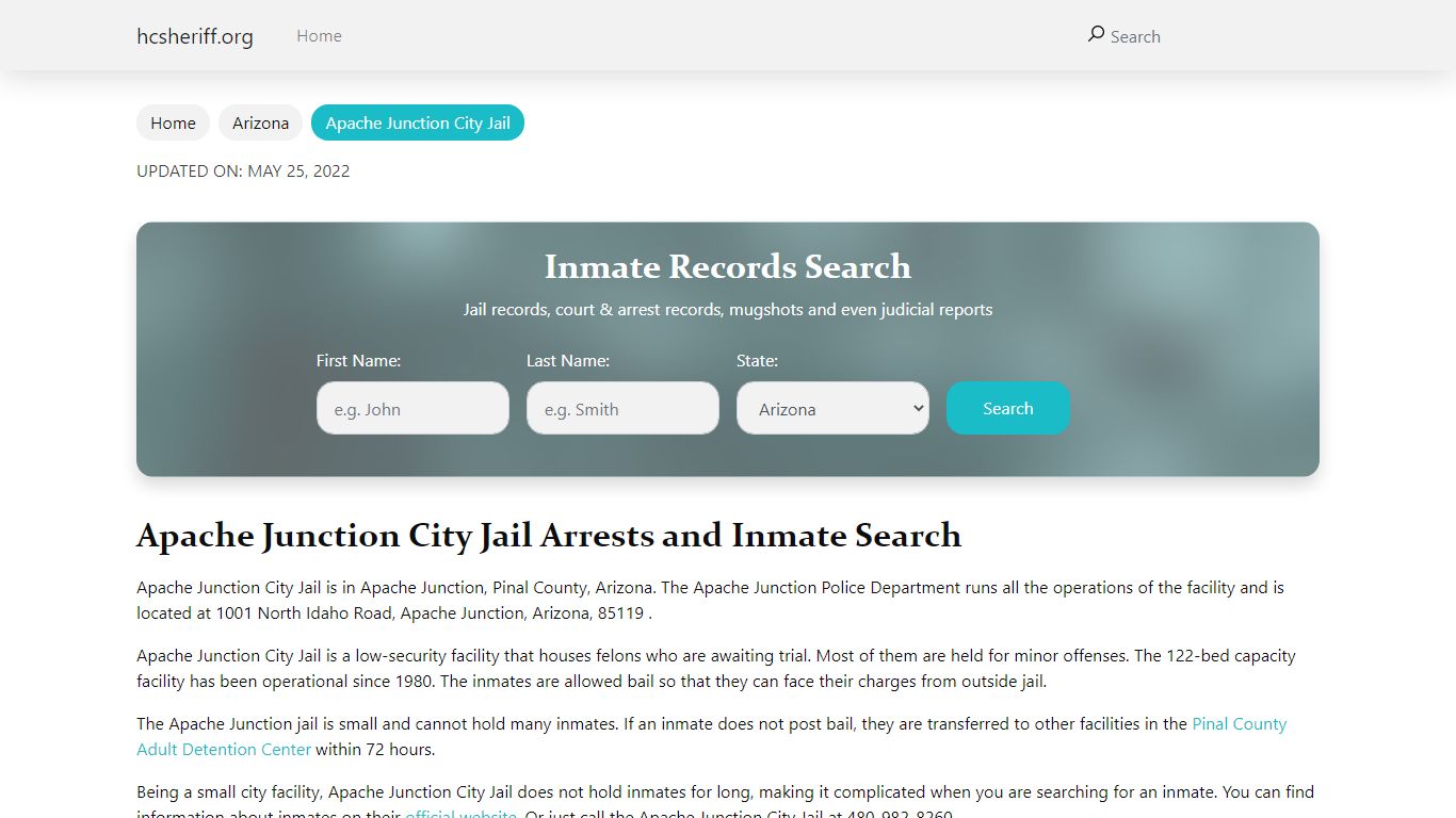 Apache Junction City Jail Arrests and Inmate Search